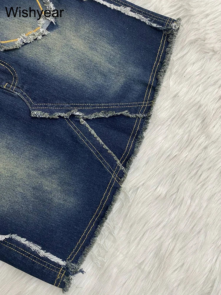 FZ Women's Heart Print Embroidery Ripped High Waist Mini Denim Skirt