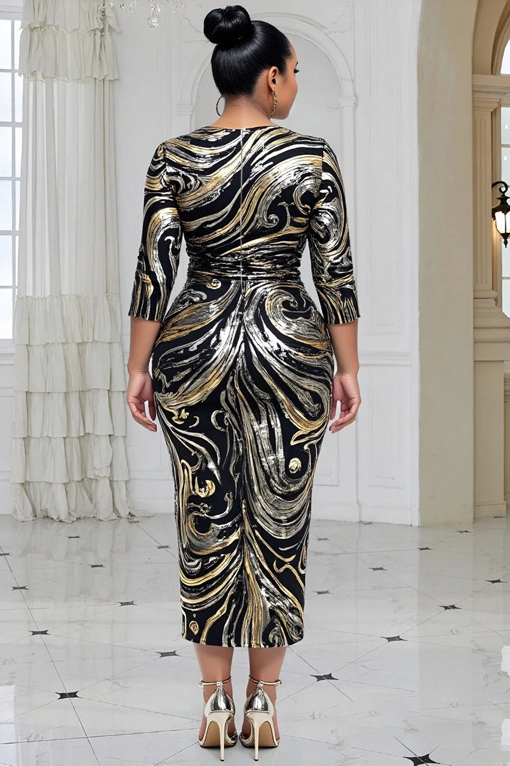 FZ Women's Plus Size Wrap Neck 3/4 Sleeve Bodycon Midi Dress