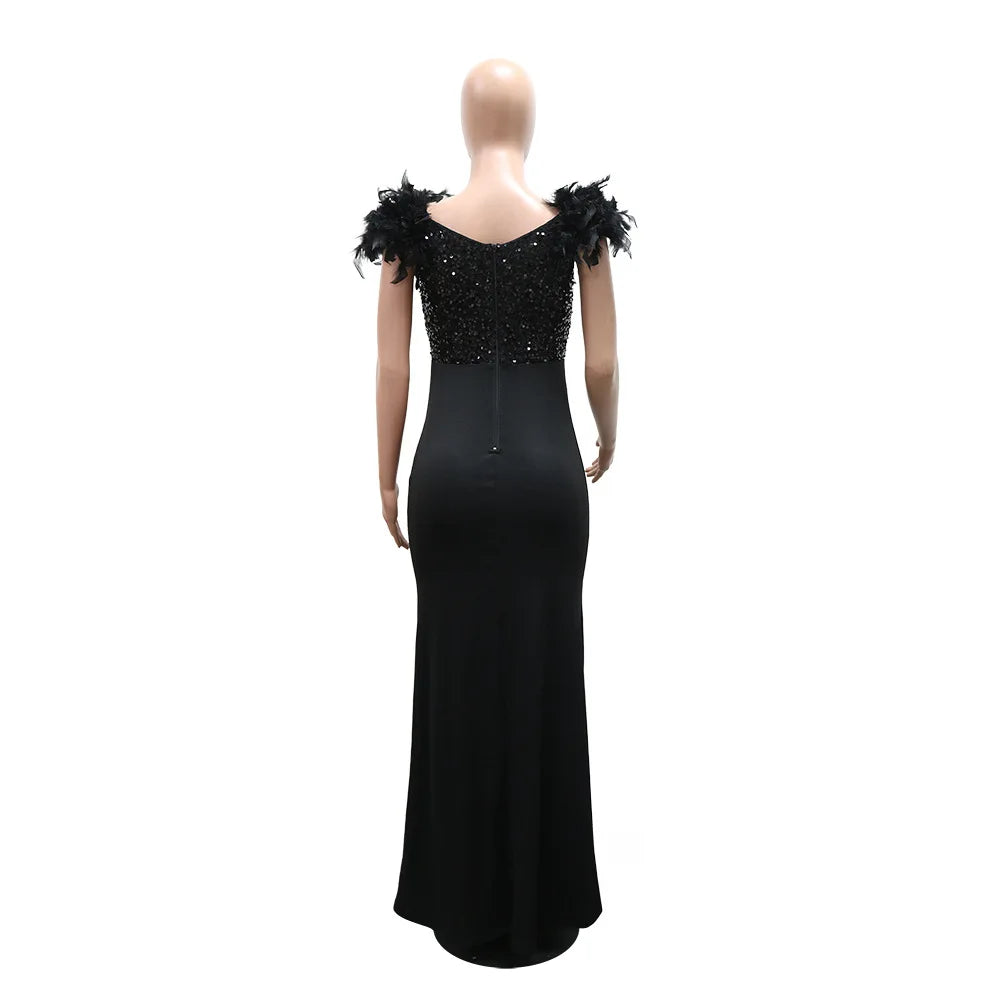 FZ Women's Sequin Feather Shoulders Mermaid Evening Dress