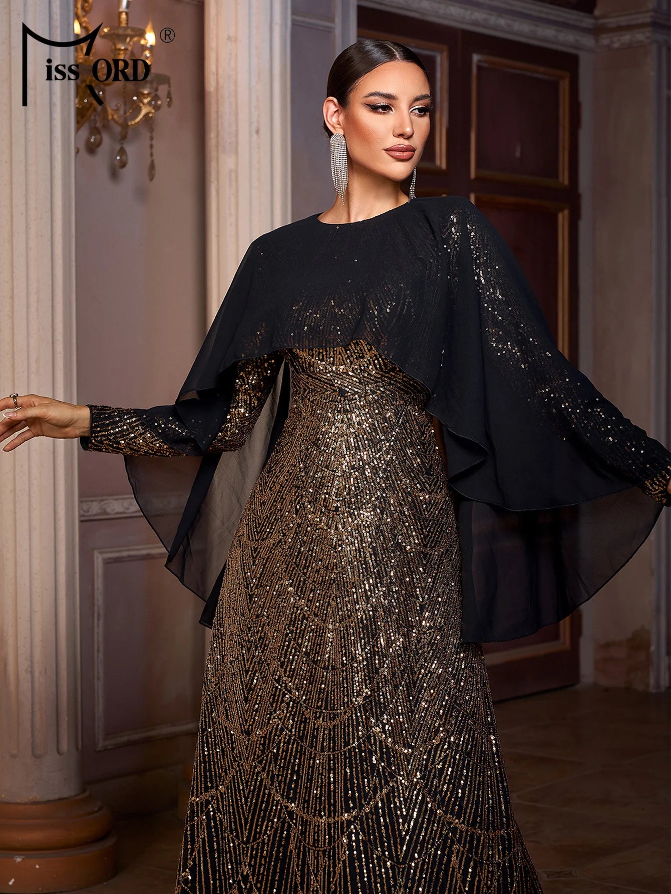 FZ Women's Round Neck A Line Sequin Batwing Sleeves Maxi Evening Dress