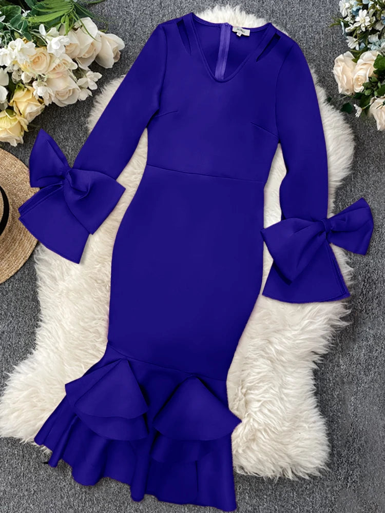 FZ Women's Plus Size Elegant Slim V Neck Hollow Out Long Sleeve Dress