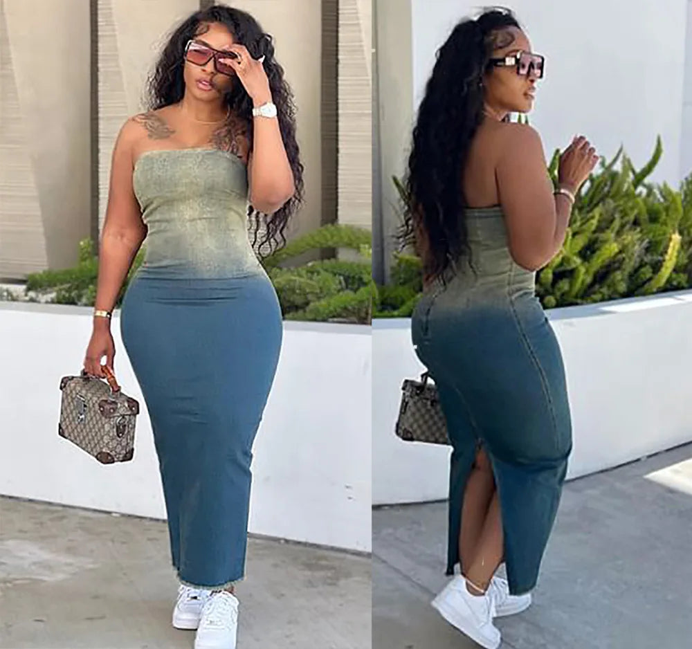 FZ Women's Gradient Strapless Stretch Sexy Denim Dress - FZwear