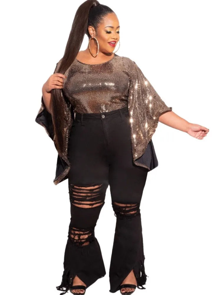 FZ Women's Plus Size Slim Fit Ripped Fringed Flared Denim Pants DSers