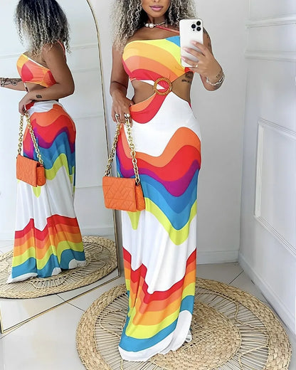 FZ Women's High Waist Hollow Out Rainbow Stripe Print Maxi Dress DSers