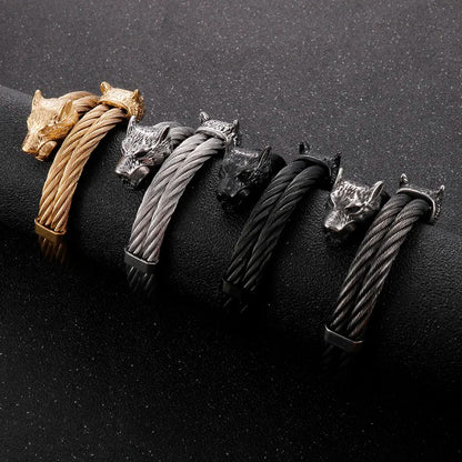 Fongten Punk Wolf Open Bracelets For Men Rotre Stainless Steel Twist Cable Animal Head Wristband Men Bangles Hip Hop Jewelry FZwear