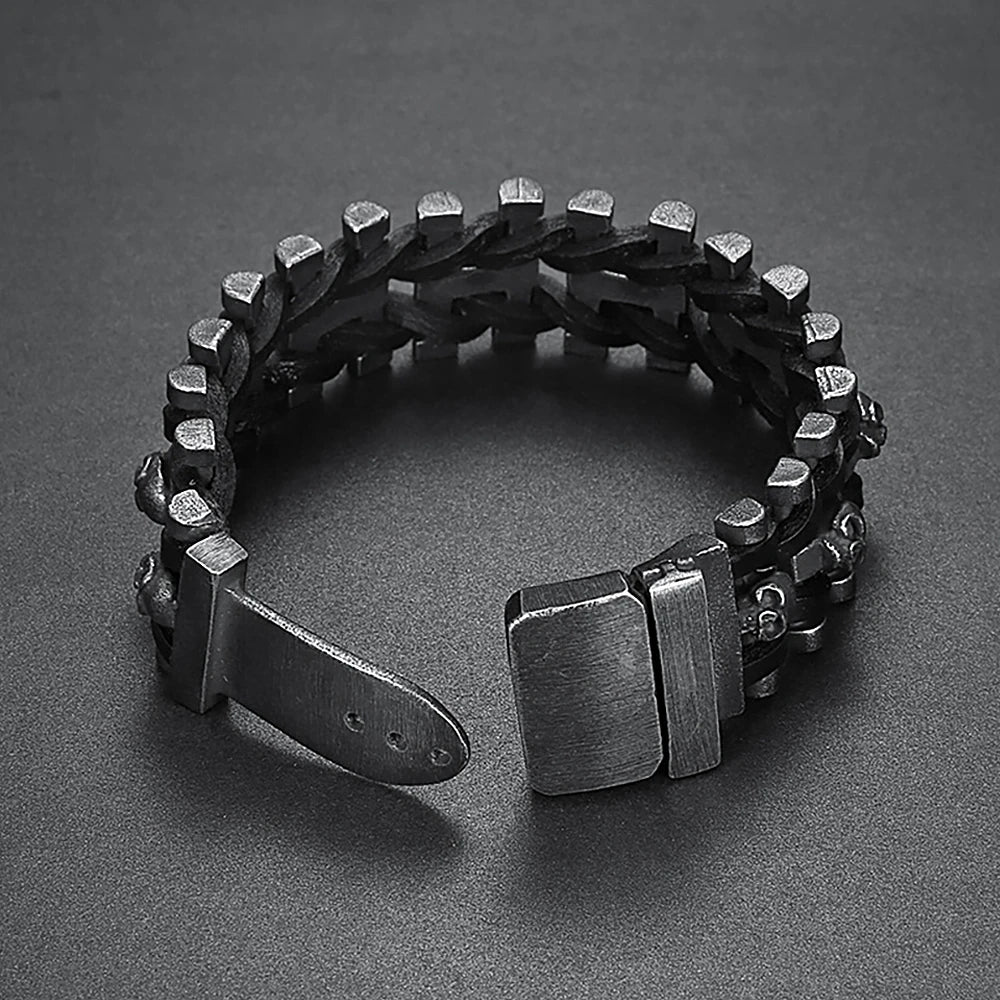 FZ Black Skull Braided Leather Stainless Steel Cool Skull Bracelet