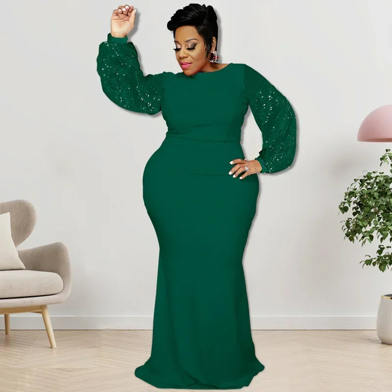 FZ Women's Plus Size Sequin Patchwork Lantern Long Sleeve Maxi Evening Dress