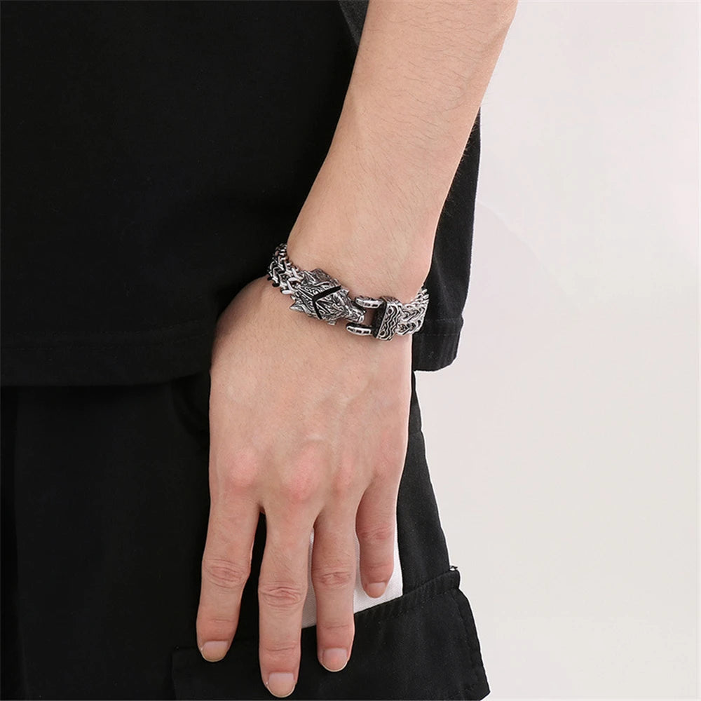 FZ Men's Retro Vikings Stainless Steel Mesh Chain Bear Norse Wolf Bracelet