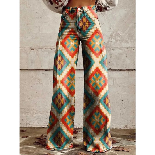FZ Women's Plus Size Vintage Flower Print Wide Leg Leopard Aztec Streetwear Bohemia Pants