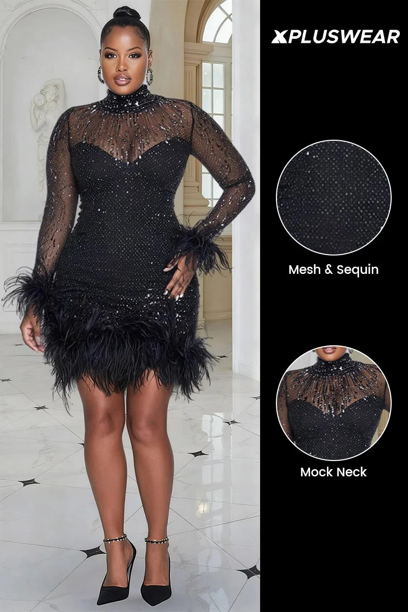 FZ Women's Plus Size Sequin Black Mock Neck Long Sleeve Mesh Mini Dress