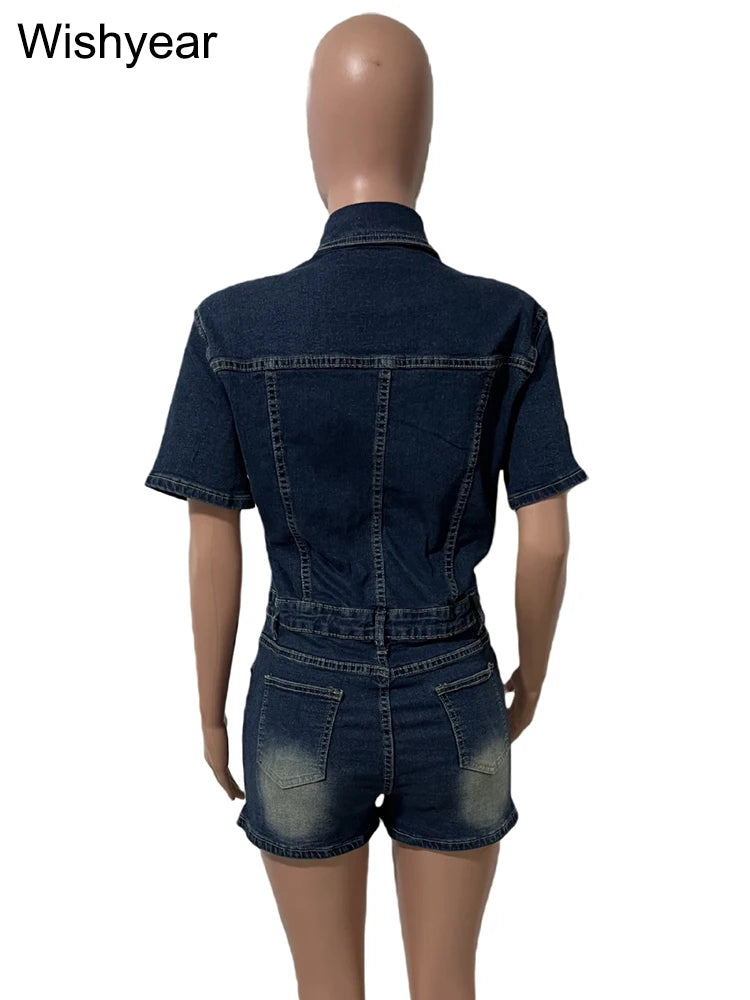 FZ Women's Short Sleeve Buttons One Piece Streetwear Shorts Denim Jumpsuit