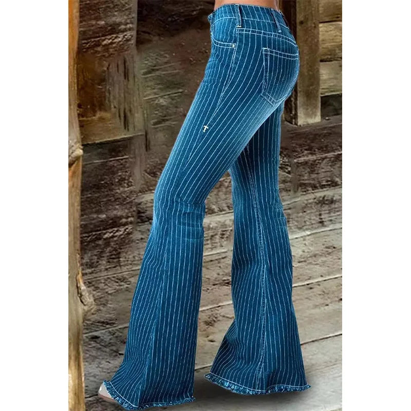 FZ Women's Wear Popular Mid Rise Striped Flare Denim Pants - FZwear
