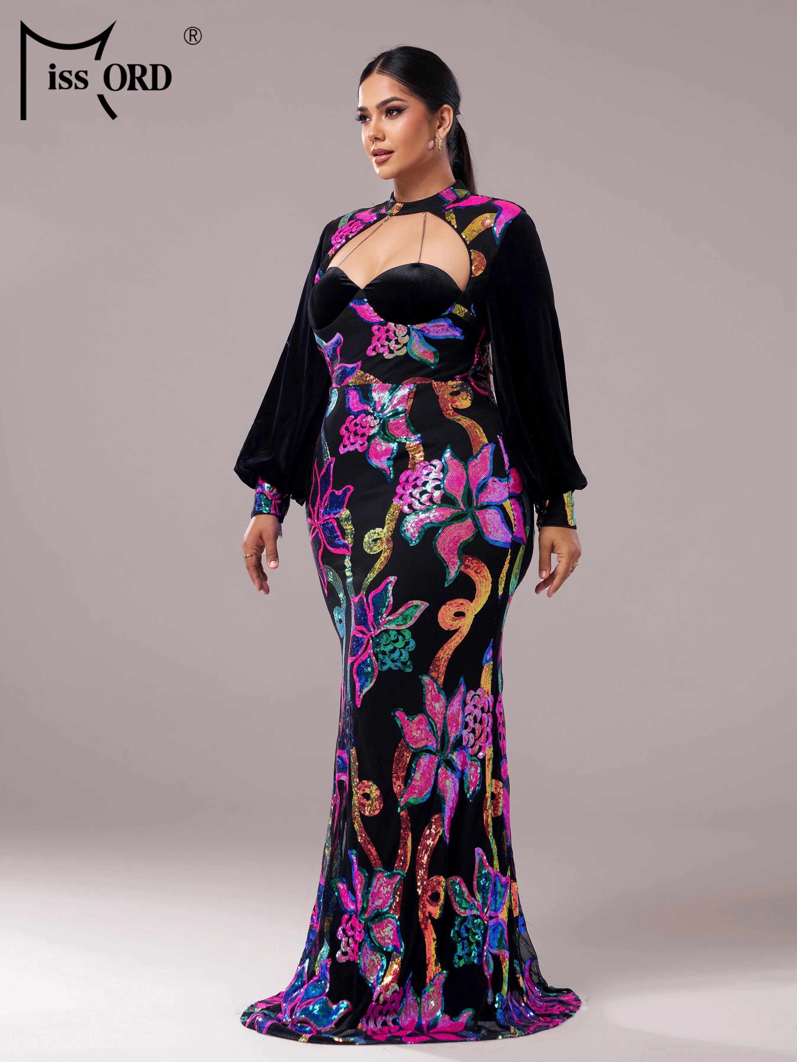 FZ Women's Plus Size Round Neck Lantern Sleeves Floral Sequin Mermaid Evening Dress