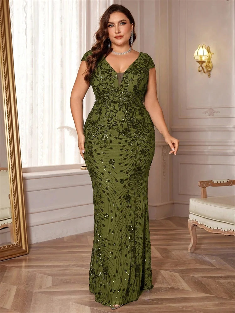 FZ Women's Plus Size V-neck Sequins Floor Length Evening Dress