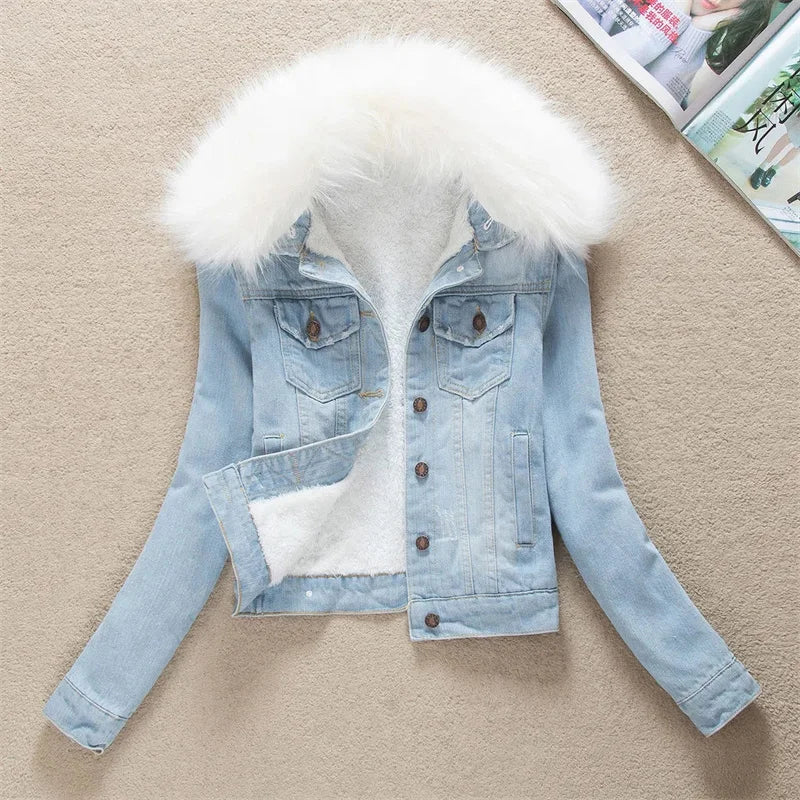 FZ Women's Big Fur Collar Short Coat Thicken Velvet Liner Fleece Denim Jacket