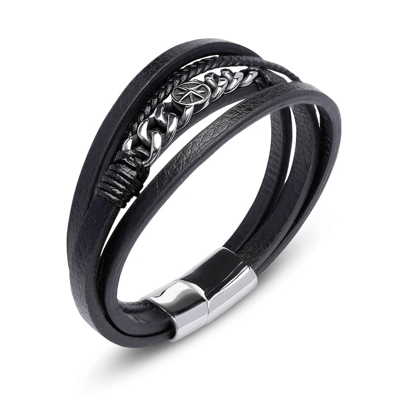 FZ Multi-layer Star Compass Shape Stainless Steel Leather Bracelet - FZwear