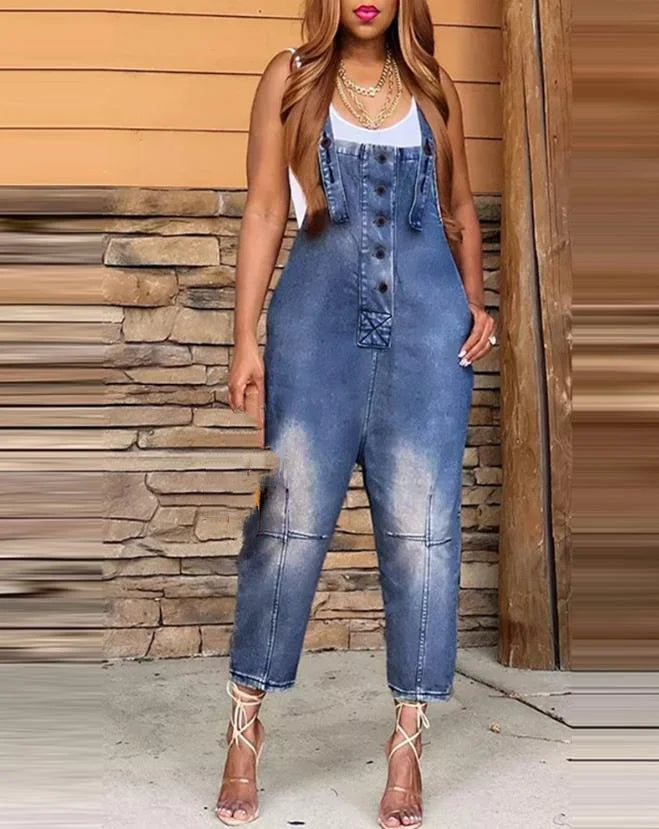 FZ Women's Elegant Sleeveless Pocket Design Buttoned Suspender Denim Jumpsuit - FZwear