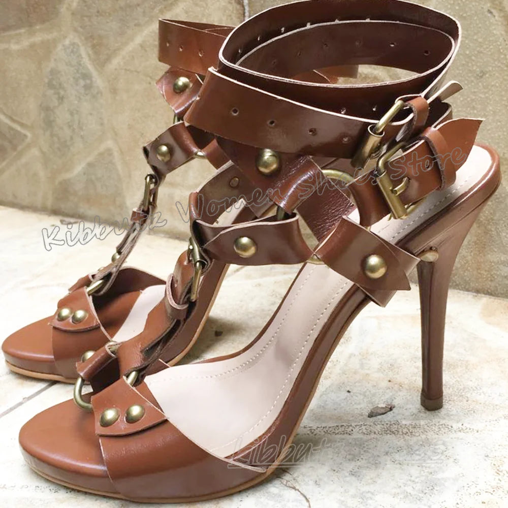 FZ Women's Rivets Belt Leather Solid Color Round Toe Thin Heels Shoes