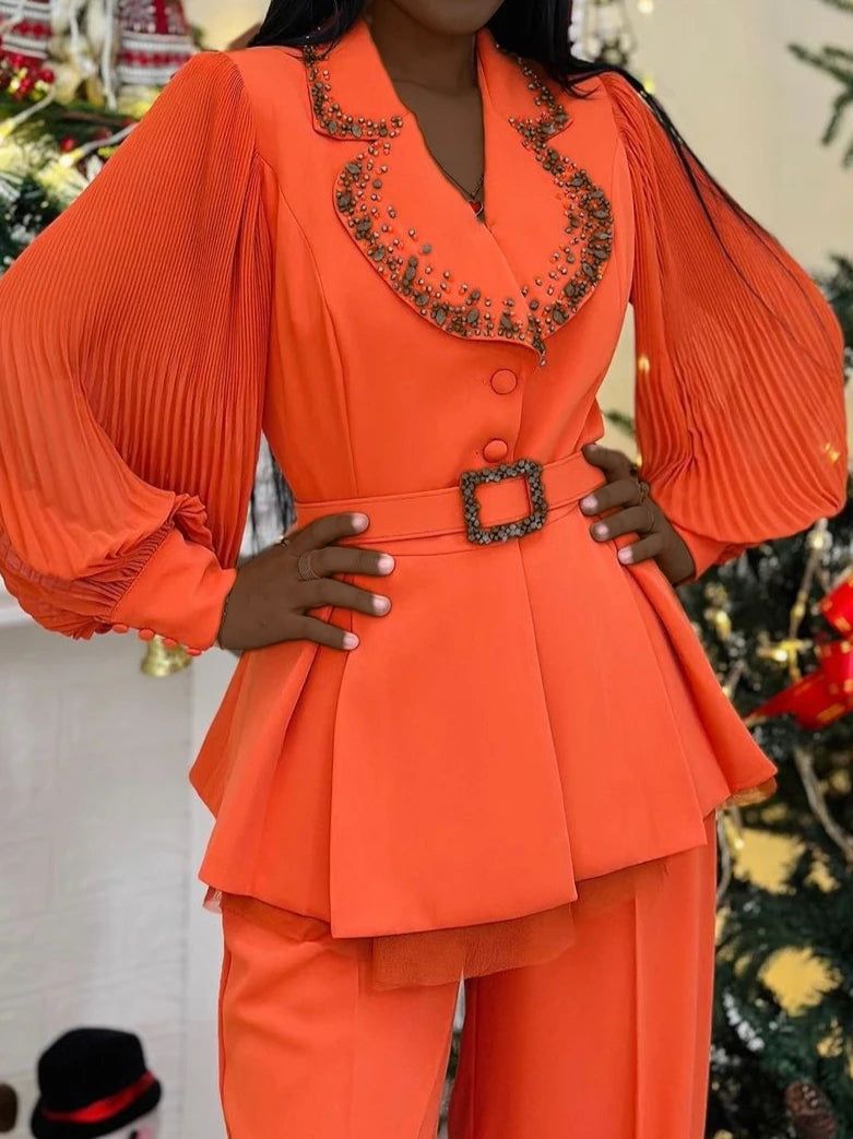 FZ Women's White Diamond Long Sleeve Blazer Pants Suit