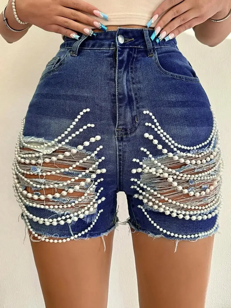 FZ Women's Ripped Pearl Chain Pockets High Waist Denim Shorts