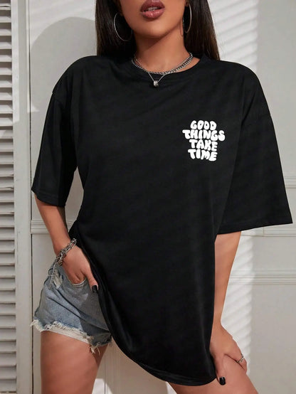 FZ Women's Good Things Take Time Art Letter Oversized Tee - FZwear