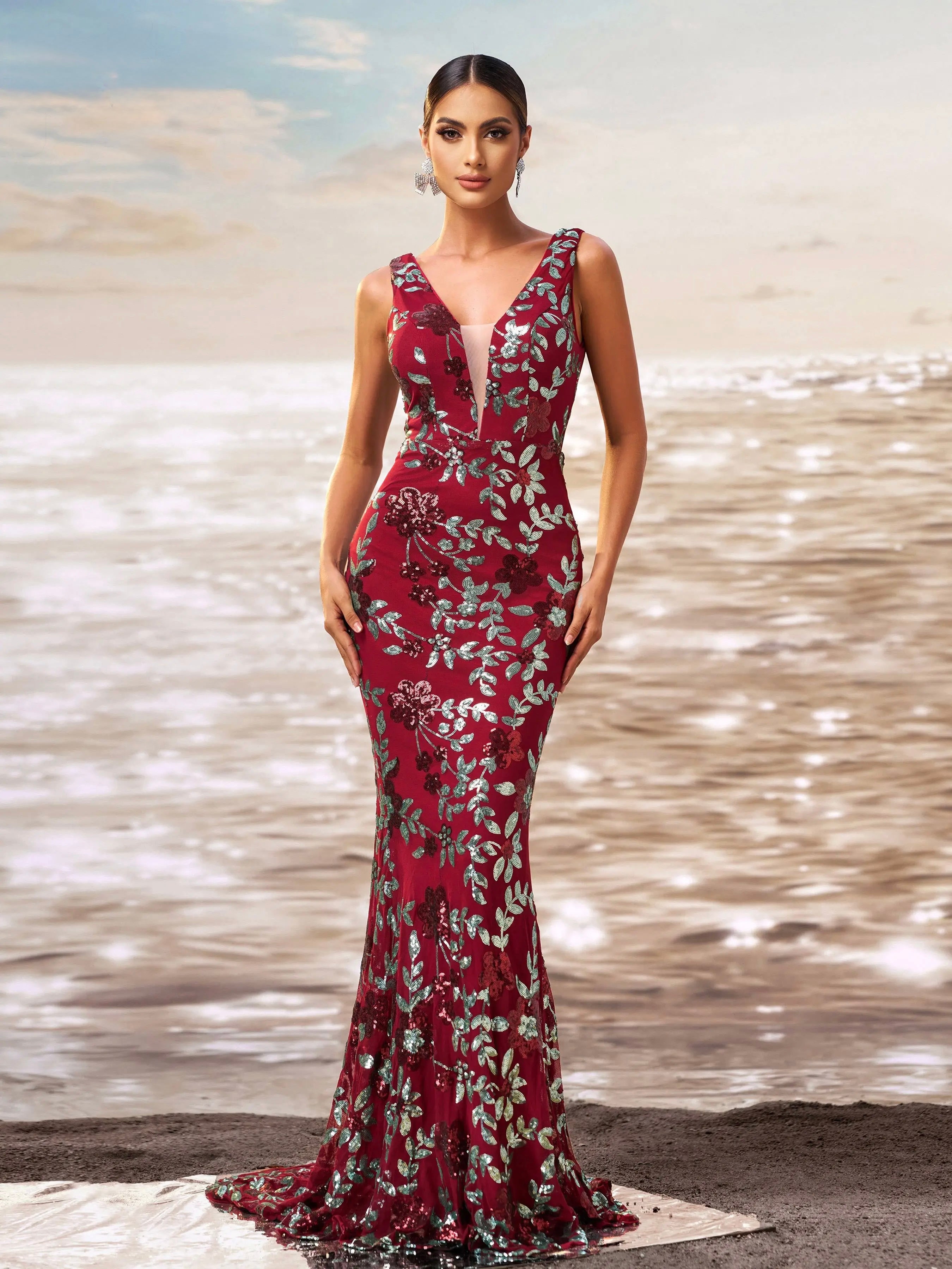 FZ Women's V Neck Sequin Mermaid Cocktail Floor Length Evening Dress