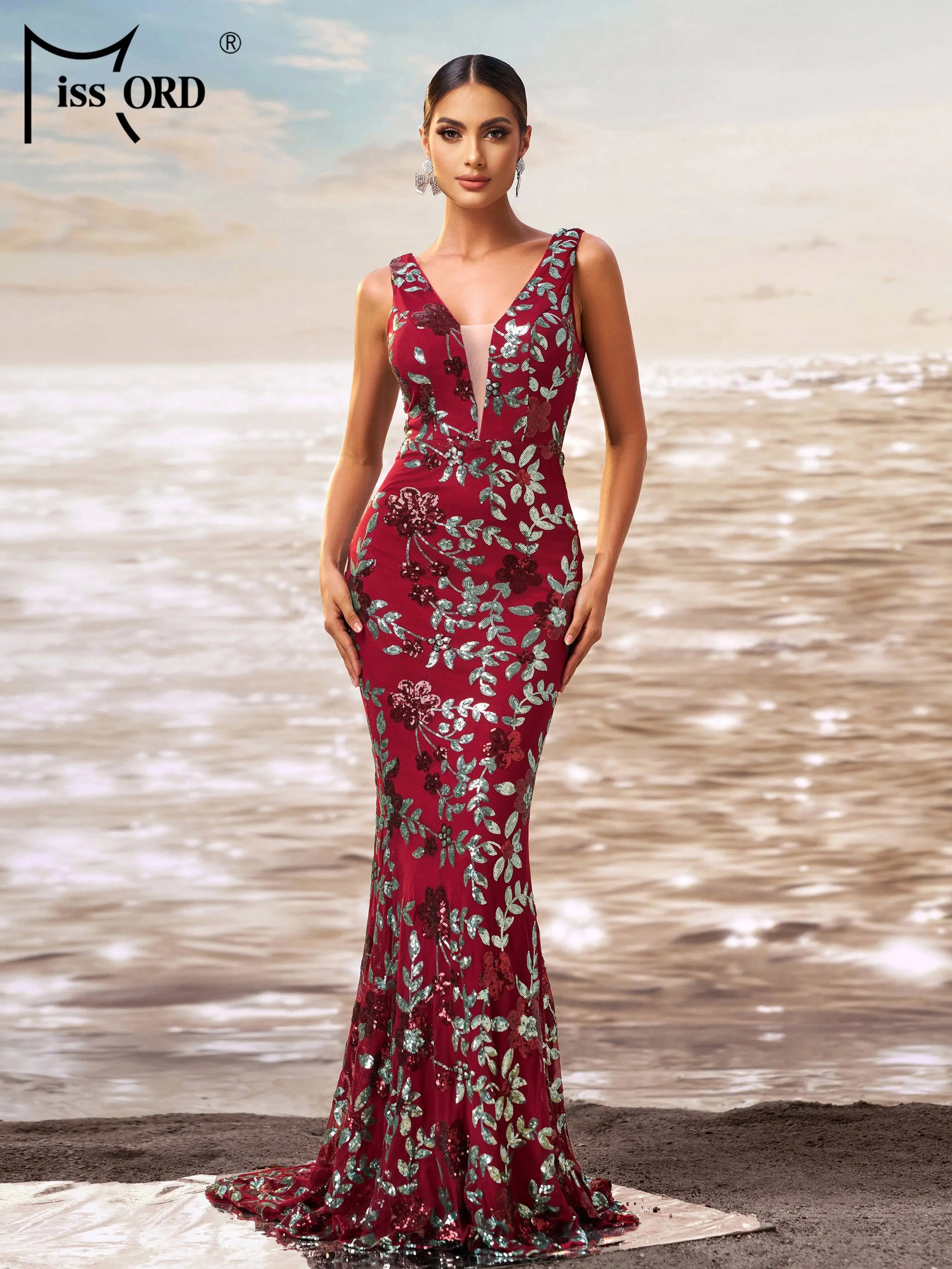FZ Women's V Neck Sequin Mermaid Cocktail Floor Length Evening Dress