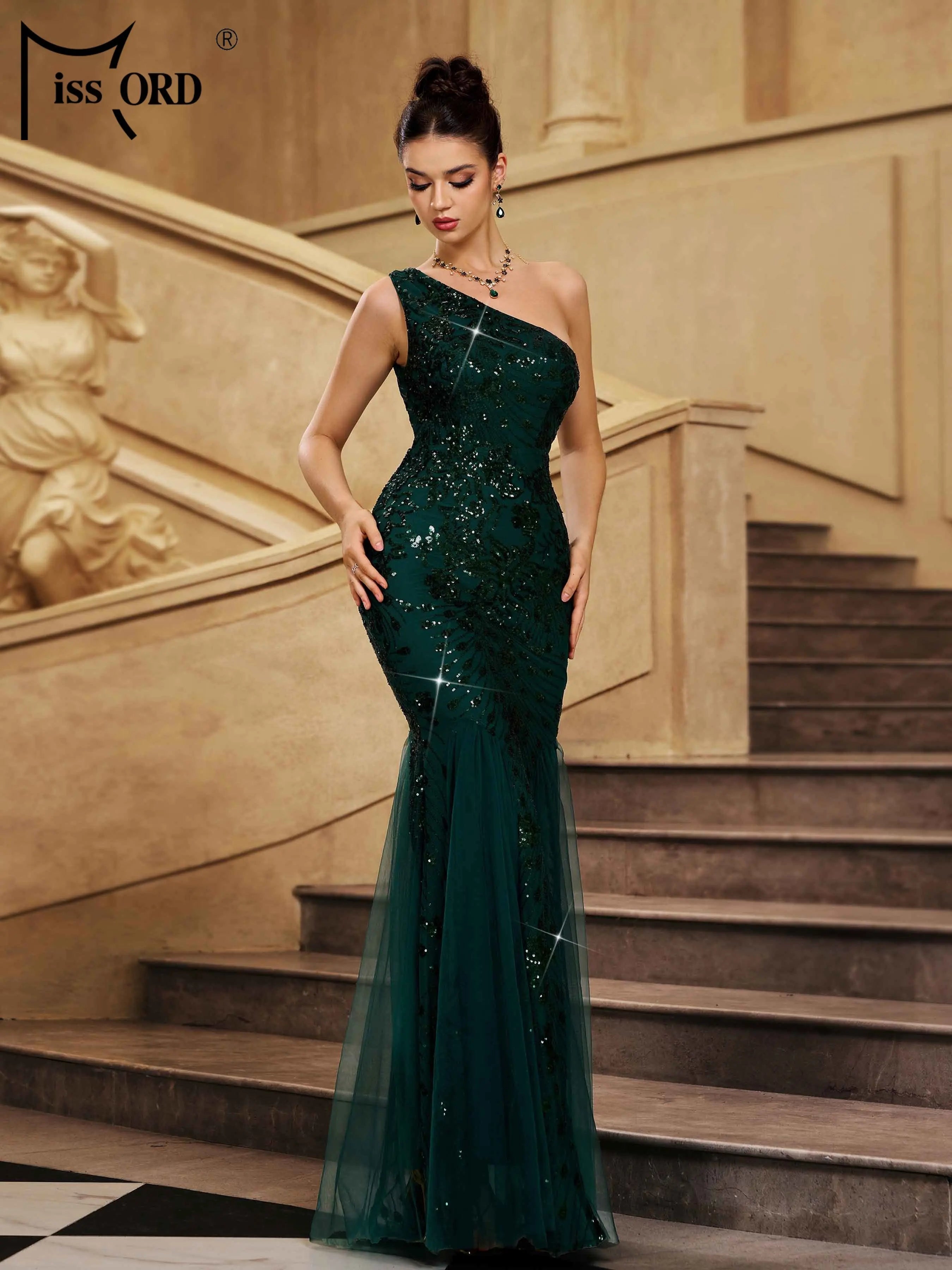 FZ Women's One Shoulder Sequin Mermaid Maxi Evening Dress