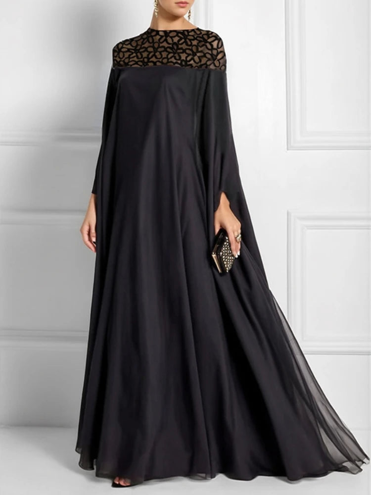 FZ Women Batwing Sleeves Loose Jacquard See-Through Shoulder Maxi Dress