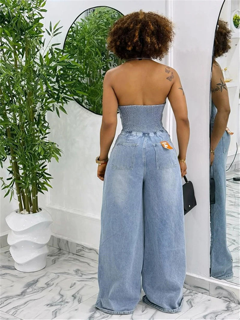FZ Women's Streetwear Sleeveless Backless One Piece Denim Jumpsuit