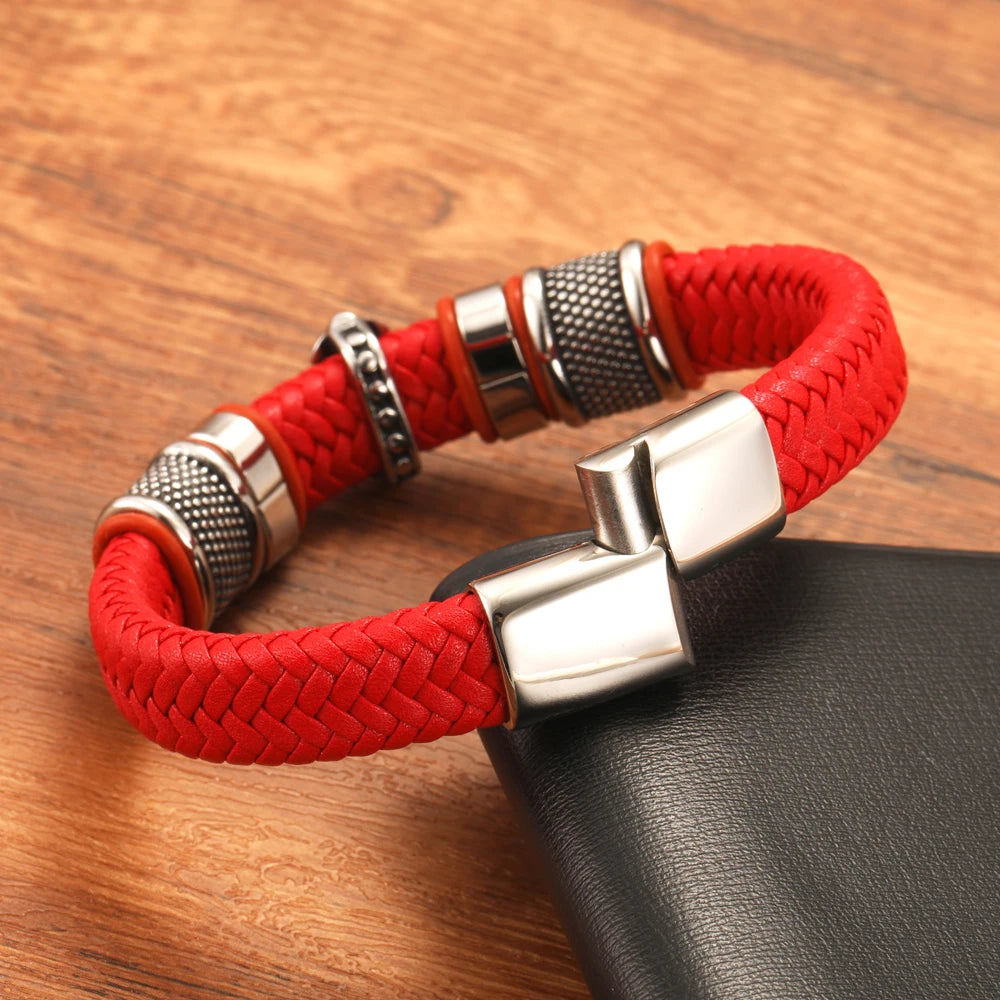 FZ Punk Style Hand Woven Titanium Steel Cross Genuine Leather Bracelet - FZwear