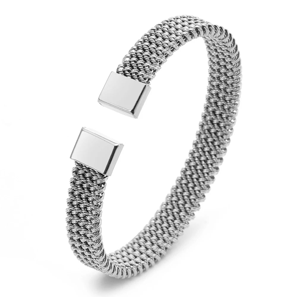 FZ 8MM Woven Flat Mesh C-Shaped Open Vintage Stainless Steel Bracelet