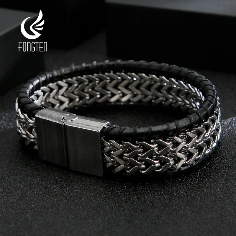 FZ Mesh Wide Stainless Steel Cowhide Leather Bracelet - FZwear