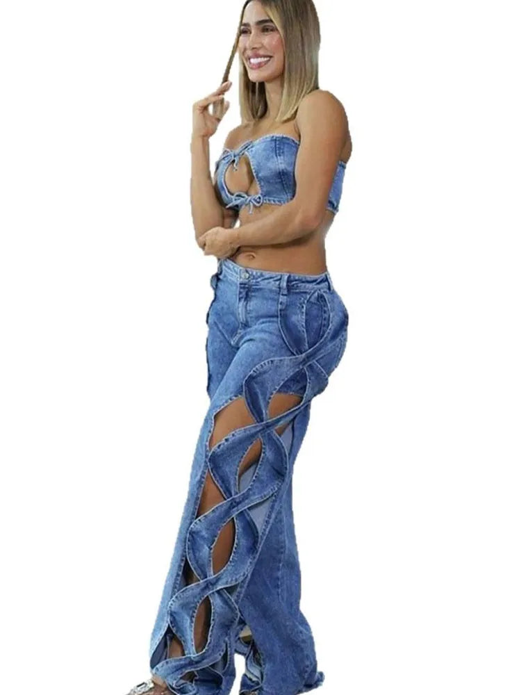 FZ Women's 2 Piece Strapless Lace Up High Waist Flared Denim Pants Suit
