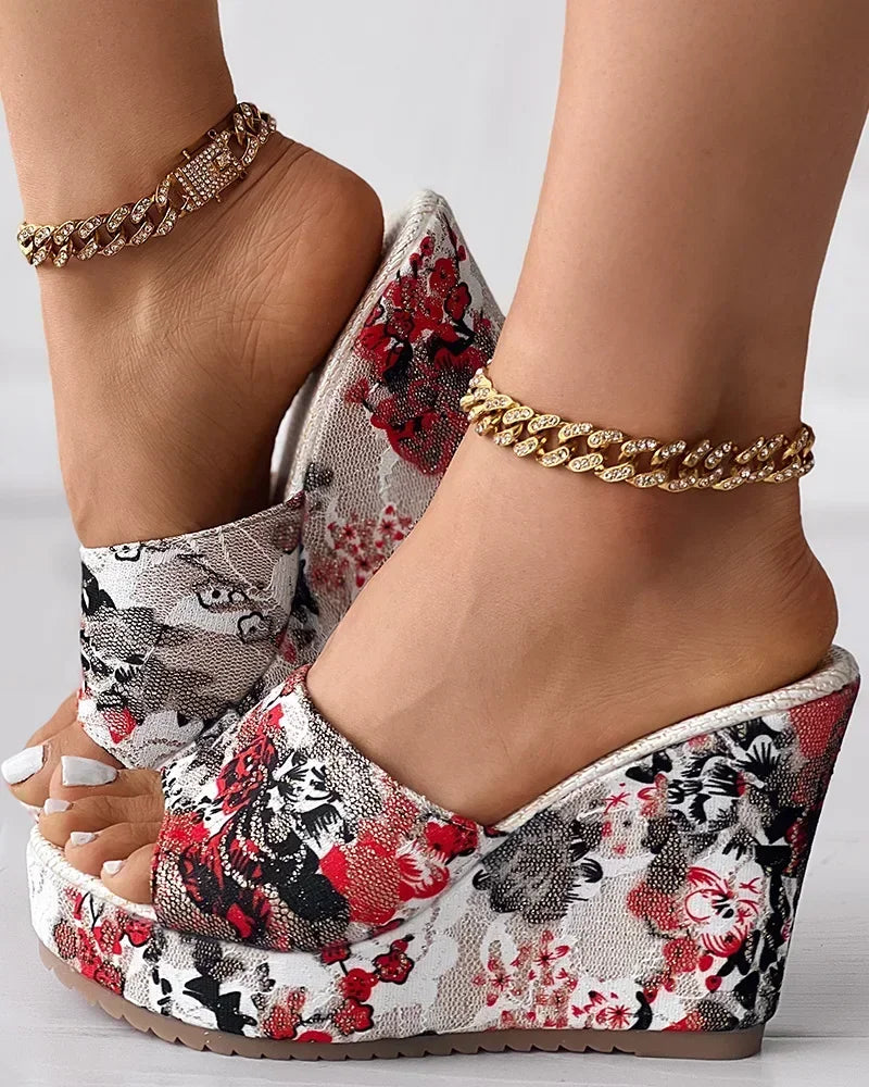 FZ Women's Vintage Floral Print Peep Toe Wedge Shoes