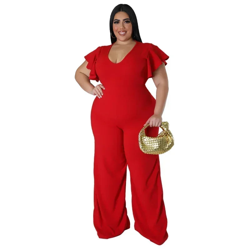 FZ Women's Plus Size V-neck Ruffles Sleeve High Waist Wide Leg Straight Jumpsuit
