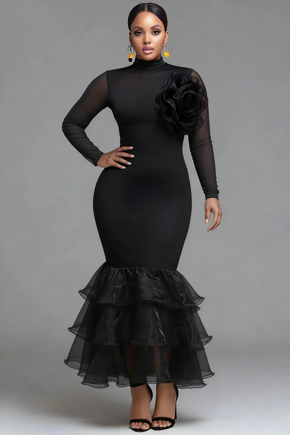 FZ Women's Plus Size Mock Neck Long Sleeve 3D Knitted Maxi Dress