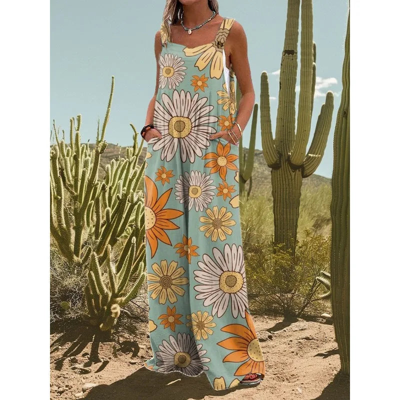 FZ Women's Vintage Flower Daisy Print Casual Strap Wide Leg Jumpsuit - 4 - FZwear