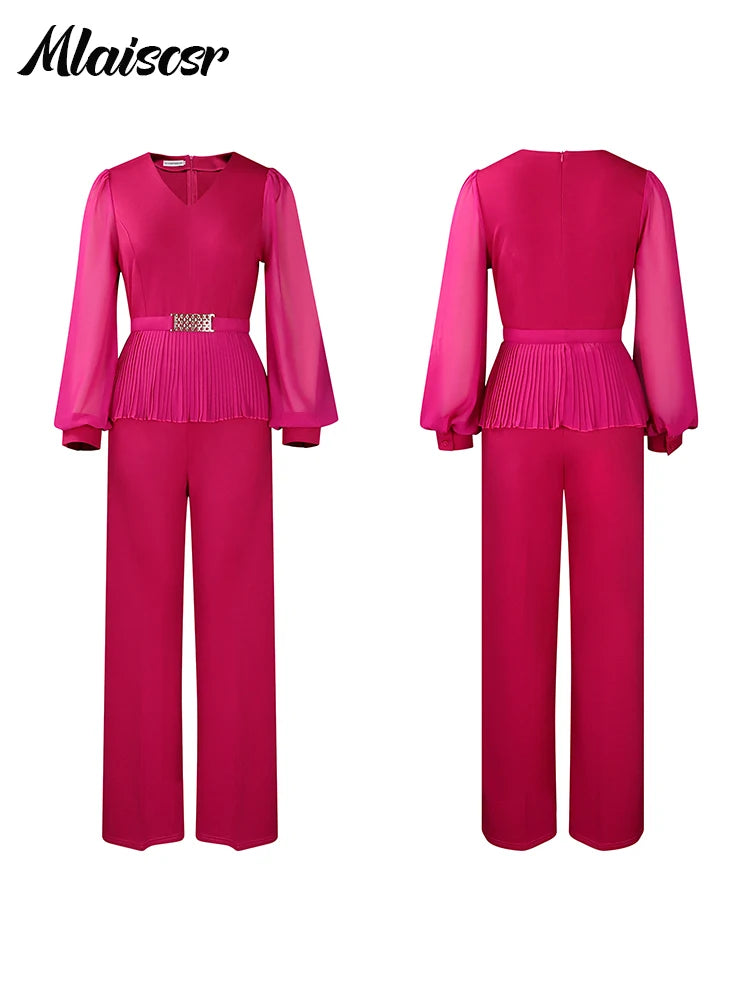 FZ Women's V-neck Pleated Belt Wide Leg 2 Piece Pants Suit