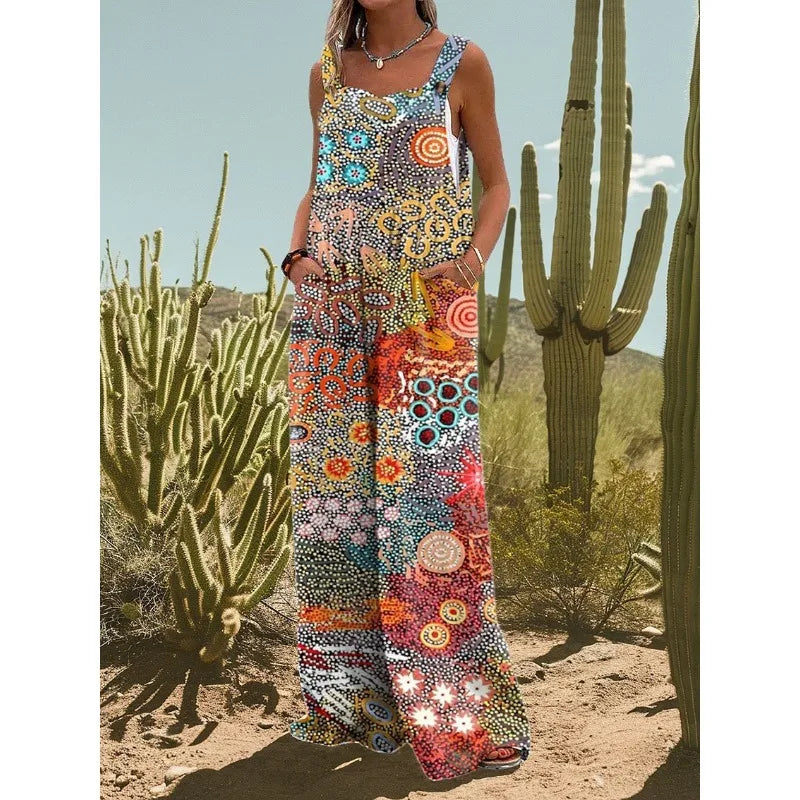 FZ Women's Vintage Flower Daisy Print Casual Strap Wide Leg Jumpsuit - 1 - FZwear