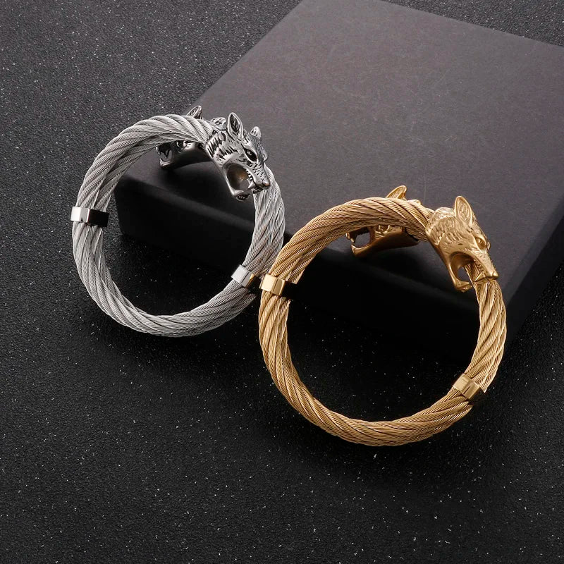 Fongten Punk Wolf Open Bracelets For Men Rotre Stainless Steel Twist Cable Animal Head Wristband Men Bangles Hip Hop Jewelry FZwear