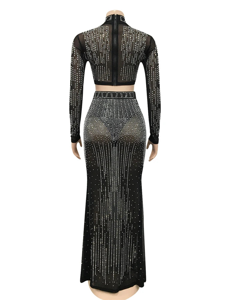 FZ Women's Sexy Crystal Two Piece Mesh Long Skirt Suit