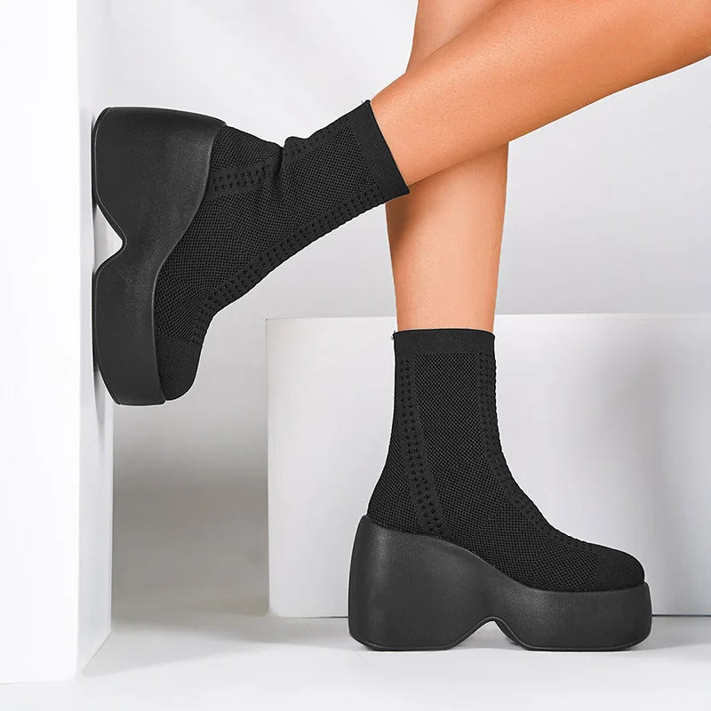 FZ Women's Knitting Chunky Platform Ankle Boots