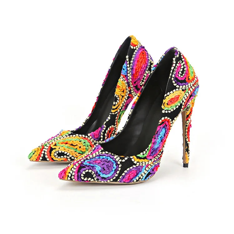 FZ Women's Flower Embroidery High Heels Pumps Shoes