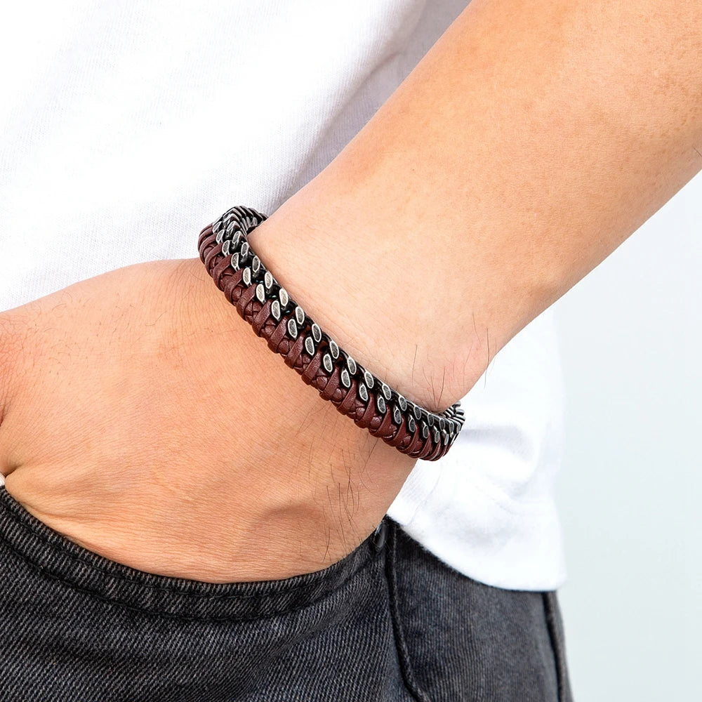 FZ Fashion Stainless Steel Double Chain Braid Leather Bracelet