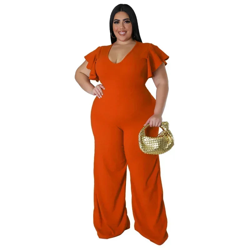 FZ Women's Plus Size V-neck Ruffles Sleeve High Waist Wide Leg Straight Jumpsuit