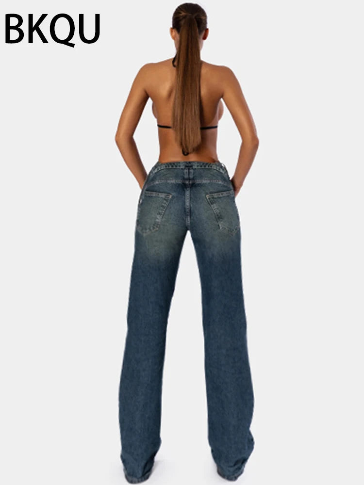 FZ Women's Sexy Lace-up Patchwork Straight Denim Long Pants - FZwear