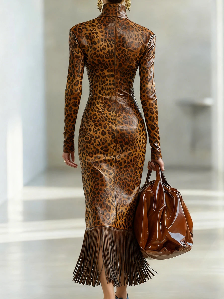 FZ Women's Long Sleeve Tassel Hem Turtleneck Leopard Faux Leather Dress