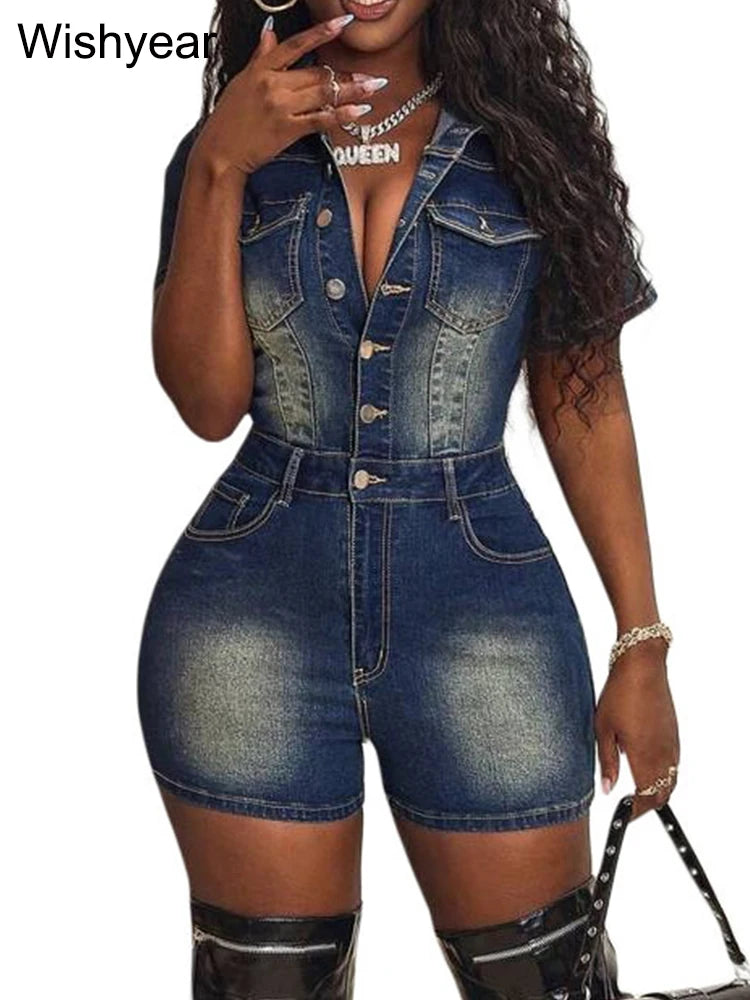 FZ Women's Short Sleeve Buttons One Piece Streetwear Shorts Denim Jumpsuit