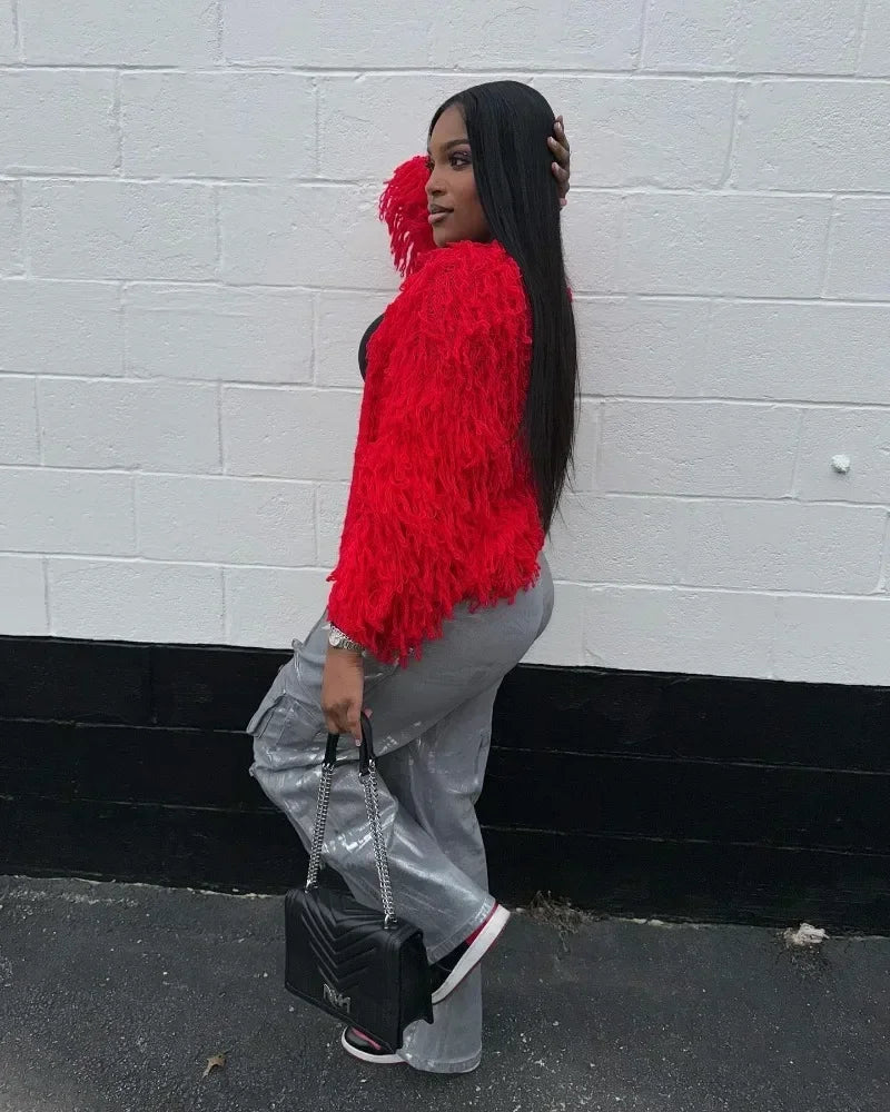 FZ Women's Silver Metallic Gilding Y2K High Waist Multi Pockets Cargo Pants